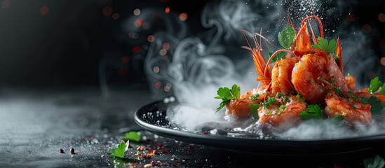 Wall Mural - closeup on a dynamite shrimps fresh dish served in a fancy decoration. with copy space image. Place for adding text or design