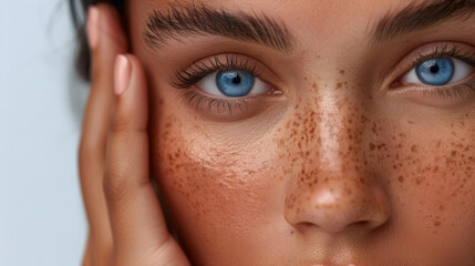 Canvas Print - close-up of a young person's face focusing on the blue eyes, with freckles on the skin, and a hand with manicured nails gently touching the face.