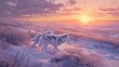 © Sataporn - Create a vivid representation of an arctic tundra at dawn where the sun rises over the snowy plains and a pair of white wolves sprint joyously