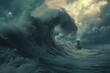 Render a unique interpretation of a terrifying tsunami about to hit a lighthouse in the midst of a violent storm