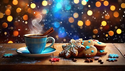Wall Mural - cup of coffee and christmas cookies
