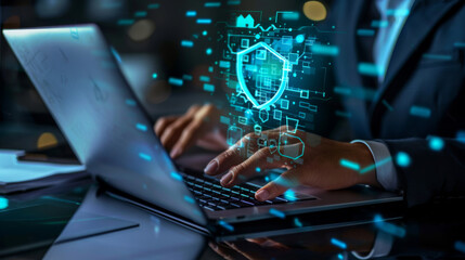 Poster - A person in a suit is typing on a laptop with a glowing digital shield symbolizing cybersecurity hovering above the keyboard.