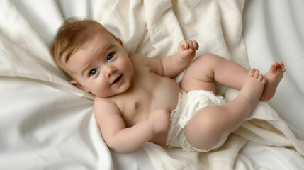 Wall Mural - An infant with wavy hair and big eyes is sitting on a white silk bedsheet, wearing only a diaper.