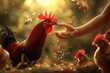 Young Child Offering Food to a Red Hen With Other Chickens in the Background