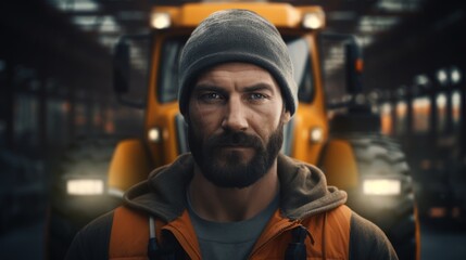 Poster - Generative AI Portrait of a road worker with a road roller, guiding its movement, road construction area with workers visible