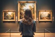 © top images - A woman in an art gallery looks at paintings. Background with selective focus and copy space