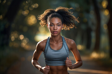 Poster - Woman jogging in the morning, runner on a run. Background with selective focus and copy space