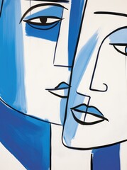 Wall Mural - A painting featuring the facial features of a woman in shades of blue and white, capturing her expression and details with intricate brushstrokes.