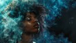 Ethereal beauty amidst blue swirls, afro woman portrait, dreamy artistic photography for decor. AI