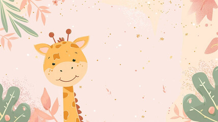 copy space, simple vector illustration, cartoon style, baby shower greeting card with cute giraffe b