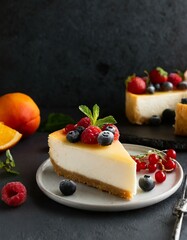 Poster - Tasty slice of cheesecake with fresh fruits and berries on the table and dark background with space for text