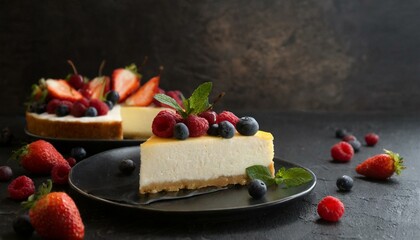 Poster - Tasty slice of cheesecake with fresh fruits and berries on the table and dark background with space for text