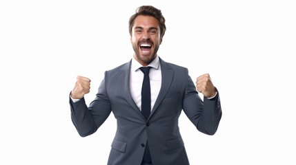 Poster - Generative AI Triumphant boss, confident stance, tailored suit, gleaming smile, raised hand in victory, white backdrop, leadership portrayal, professional demeanor on white background