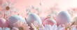 Easter background. Pastel pink and white daisies and easter eggs soft focus still life arrangement. Festive spring happy holidays greeting card, invitation or banner backdrop. 8k Wallpaper .