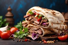 Fresh Grilled Beef, Turkish Or Chicken, Arabian Shawarma, Doner Sandwich With Flying Ingredients And Spices, Hot, Ready To Eat And Eat, Commercial Advertising, Menu, Banner With Copy Space
