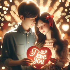 Poster - Couple love on valentines day , cute couple giving gift , celebrating valentines day. A happy and cheerful couple, deeply in love, celebrates a romantic winter day together