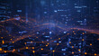Wave of dots connected by the lines and modern city in the bokeh. Infinity nets at blue abstract background. Digital technology. Metaverse, Cyberspace, Internet network connection.