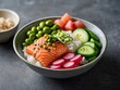 Close-up hawaiian salmon fish poke bowl with rice and radish and cucumber and edamame - poke bowl Hawaiian dish. Classic hawaiian salmon poke bowl with rice