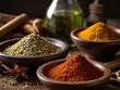 Close-up variety of spices, dust or grain in bottle and in bowl, culinary ingredients on wooden table. Selection of spices in bottles and bowls