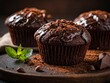 Closeup view of Delicious chocolate muffins on table. Rich chocolate muffins captured up close