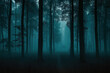 dark foggy forest with trees under low lighting 