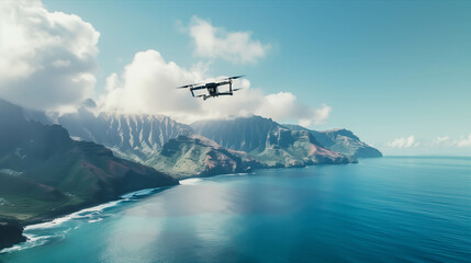 Wall Mural - Closeup drone taking view of mountains and sea.