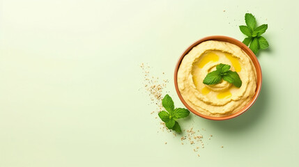 Wall Mural - Bowl of hummus with greens and olive oil, top view, copy space