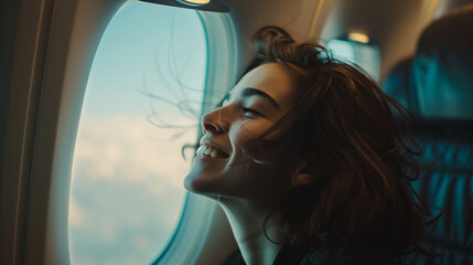 Wall Mural - Caucasian woman sitting in airplane near window.