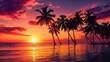 © RocknRoller Studios - Colourful Sunset on a Paradise Island with Palm Trees, Silhouettes and Glossy Reflective Water.