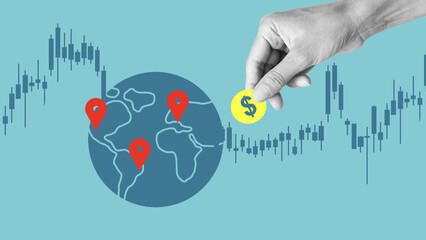 Wall Mural - Foreign investment. Money transfer and trade forex concept. Collage with hand with coin and earth globe and Japanese candlesticks graph