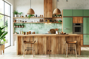 Modern wooden interior kitchen with different cabinets and island