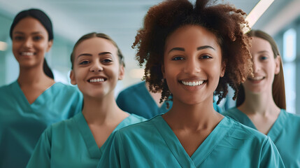 Wall Mural - Happy medical team, a group of student nurses and doctors, walk together with smiles on their faces in a teaching hospital. Diverse healthcare students starting their clinical training in scrubs.