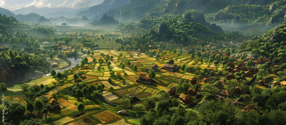 An aerial perspective showing a village nestled in the mountains, with ...