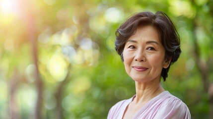 portrait of a mid aged  Japanese short haired woman on spring outdoors park background with copy space.