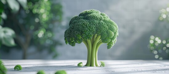 A single piece of broccoli is positioned atop a table surface, showcasing its vibrant green color and textured florets.