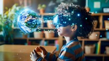 Child Exploring Virtual Globe With Augmented Reality Headset. Generative Ai