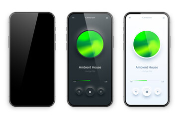 Wall Mural - Online audio player user interface, smartphone app UI design. Music, media streaming and listening platform. Responsive mobile application. Neumorphism, neumorphic style. Vector illustration.