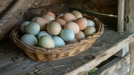 Wall Mural - Basket of colorful chicken eggs on a wooden table in the chicken farm