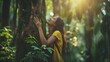 Nature lover hugging trunk tree with green musk in tropical woods forest. Green natural background. Concept of people love nature and protect