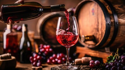 Pouring red wine into the glass against rustic background. Pour alcohol, winery concept.