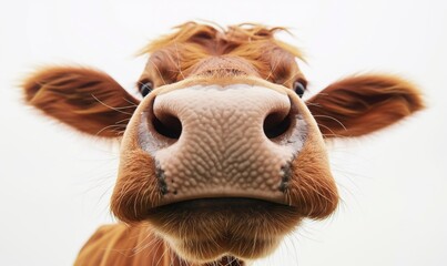 Funny brown cow with close up nose at camera with on neutral white background