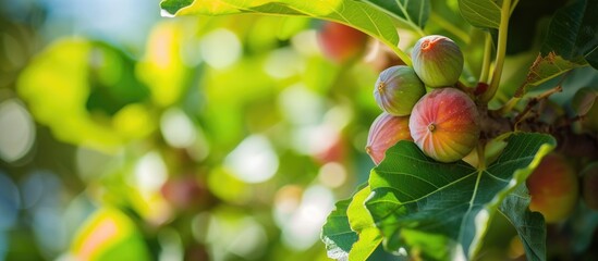 Poster - A close-up view of multiple ripe figs growing on a vibrant and lush fig tree. The fruits are green and fresh, ready to be harvested.