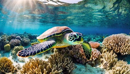 Wall Mural - green sea turtle on coral reef in the red sea 3d rendering green sea turtle swimming around colorful coral reef formations in the wild generated