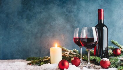 Wall Mural - red wine bottle and wineglass on table with christmas decoration candles snow and fir branches at blue wall background festive cozy wintertime front view copy space