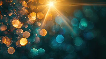 abstract bokeh background with orange particles and light rays from above. sand a blue burred partic