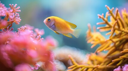 Wall Mural - Colorful dottyback fish swimming among vibrant corals in a beautifully decorated saltwater aquarium