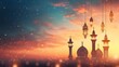 Ramadan Kareem background with arabic lanterns and stars and sunset sky, eid mubarak wallpaper
