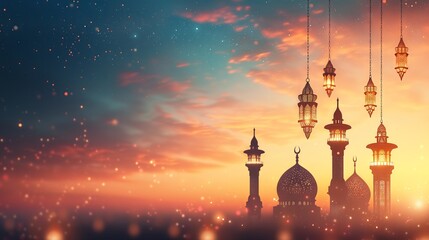 Wall Mural - Ramadan Kareem background with arabic lanterns and stars and sunset sky, eid mubarak wallpaper