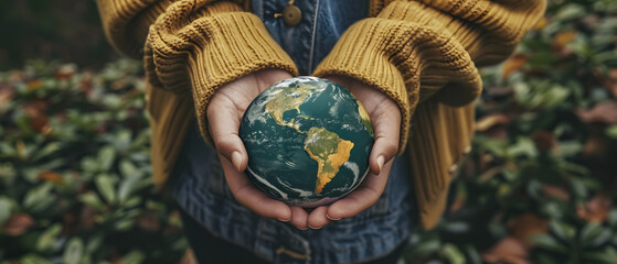 Wall Mural - Hands of a woman holding the planet Earth - Save the planet concept