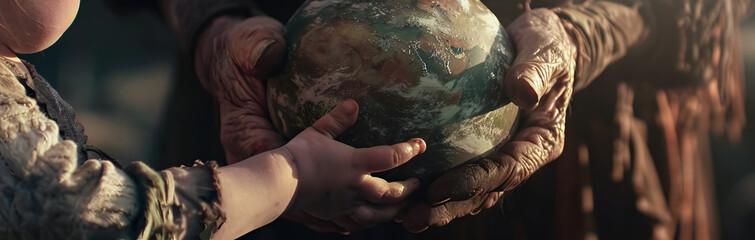 Wall Mural - Hands of an old man holding the planet Earth handing it to a child - Concept of saving the planet